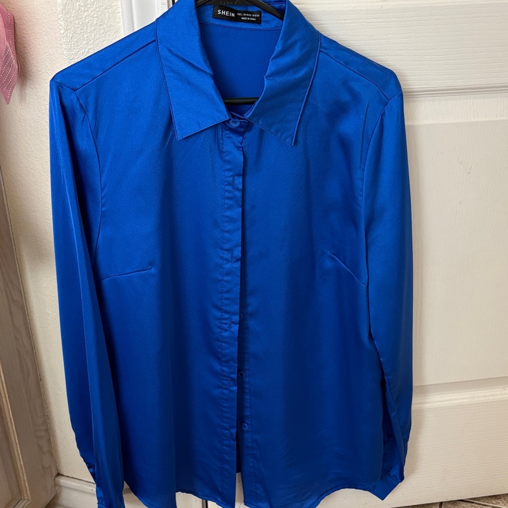 SHEIN Women Vibrant Blue Button Down Shirt